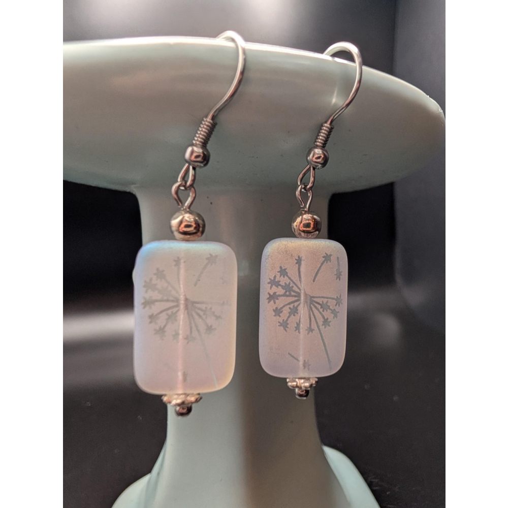 Iridescent Czech Glass Dandelion Earrings: Stainless Steel Hooks Cottagecore - Picture 2 of 5